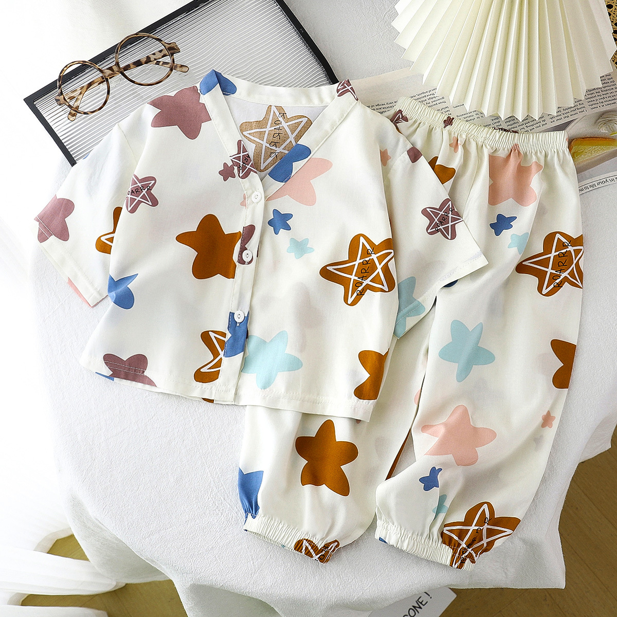 Ropa de hogar para niños, traje de seda de algodón, pijamas de verano para niños y niñas, ropa de algodón de dos piezas, ropa de aire acondicionado de seda de algodón de dos piezas, ropa para niños