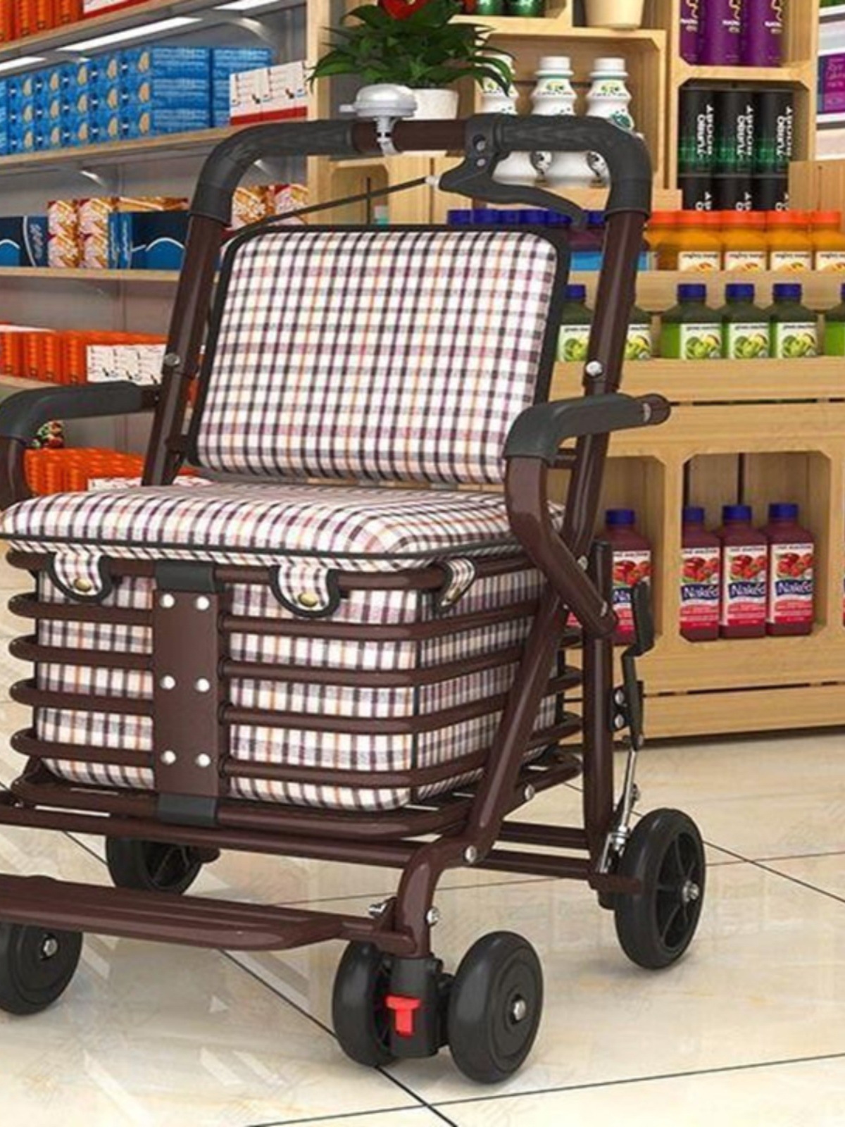 WI25 wholesale elderly walker that can be pushed and sat on, a four-wheel folding stroller that the elderly can sit on and push away