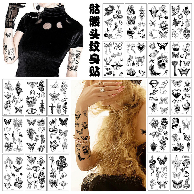 Cross-Border Amazon New Black and White Small Fresh Tattoo Stickers Black Butterfly Skull Holiday Temporary Tattoo Stickers