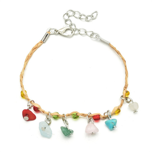 Euramerican cross-border Bohemian style multi-color rice bead crushed stone woven bracelet, Raffia crushed stone agate bracelet and anklet