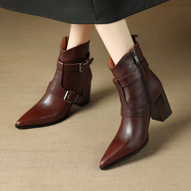 Designer Maillard Color Belt Buckle Women's Short Boots New Korean Style Pointed Toe Boots Genuine Leather High Heel Boots Designer Maillard Color Belt Buckle Women's Short Boots New Korean Style Pointed Toe Boots Genuine Leather High Heel Boots
