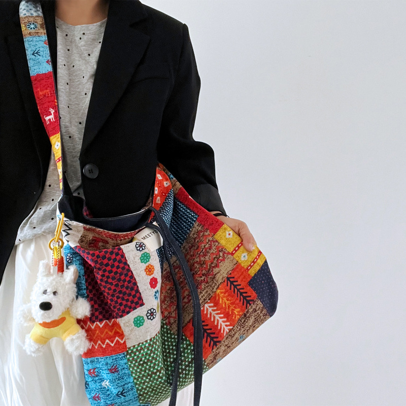 Double Bread Bohemian Denim Canvas Bag All-Match Commuter Tote Bag Two-Face Usable Vintage Contrast Crossbody Bag