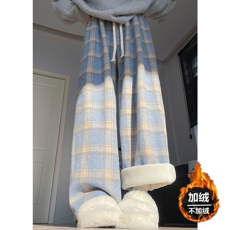 大码-斤蓝色加绒裤子女秋冬款格子裤胖宽松毛呢休闲阔腿裤