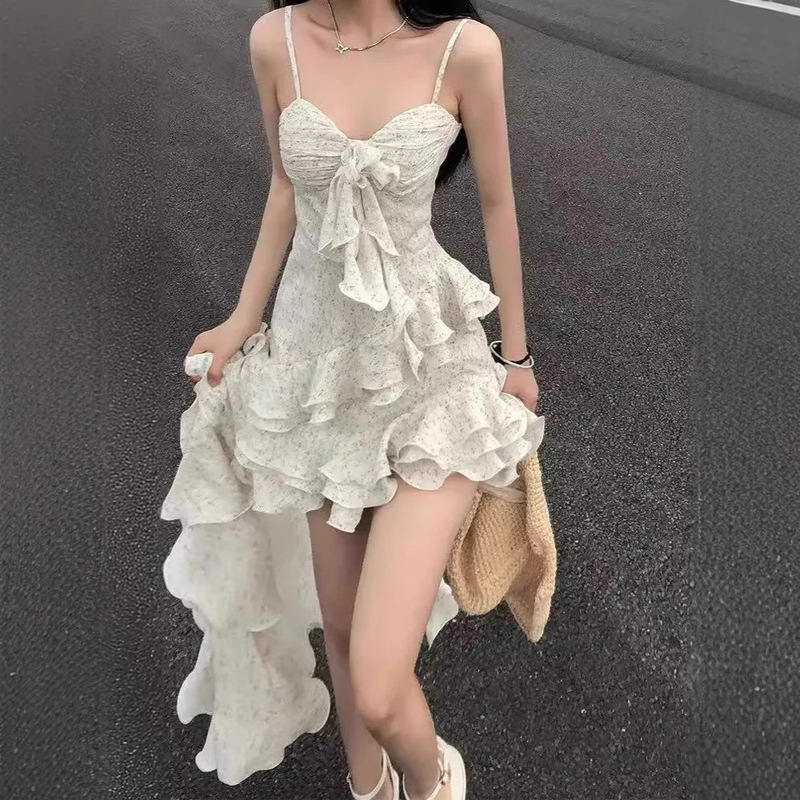 French Style Elegant Sling dress Fairy Seaside Vacation Dress Women's Summer New Irregular Ruffled Long Dress