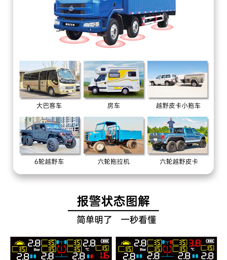 T12-6 Wheel-Mounted Tire Pressure Detector Solar-Powered Tire Pressure Monitoring High-Precision Wireless Rv Tire Pressure Tpms Cross-System