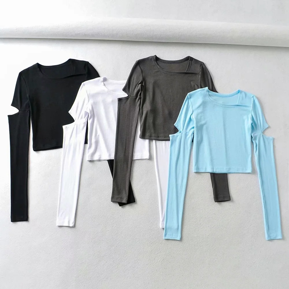 round neck split long-sleeved T-shirt   NSAC45839