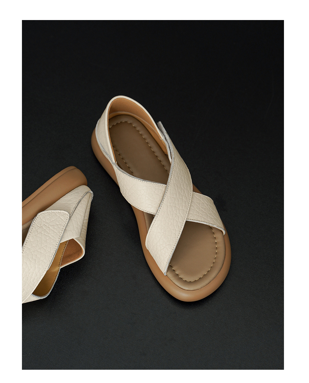 Sandal nữ hở mũi đế dày da cừu phong cách đơn giản, quai dán tiện lợi — màu be chi tiết 21