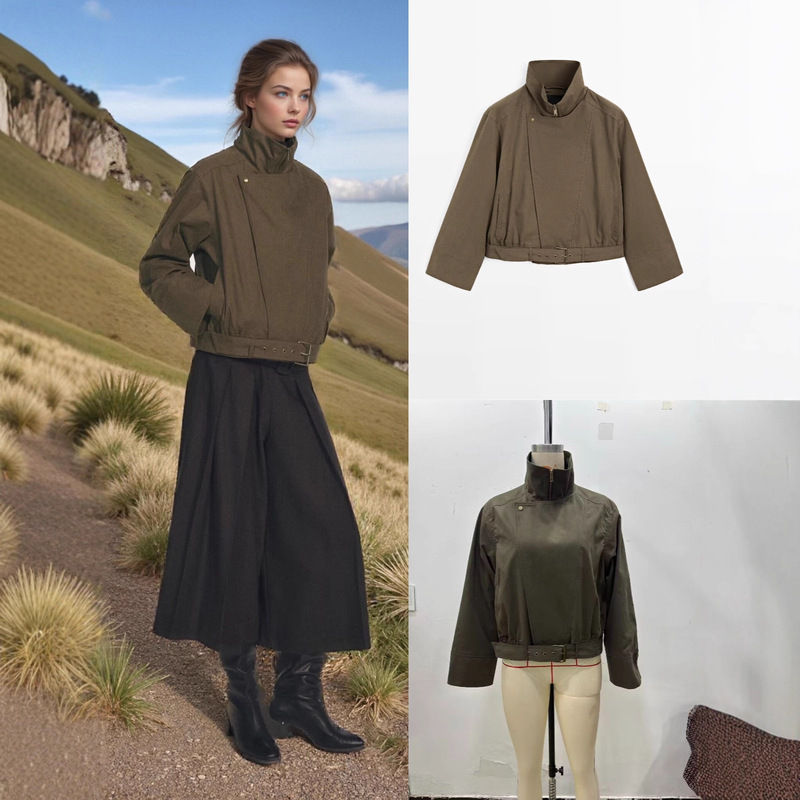 Za Cross-Border Export European and American Style Women's Casual Versatile Belt Decorated Short High-Neck Windbreaker Women's Jacket