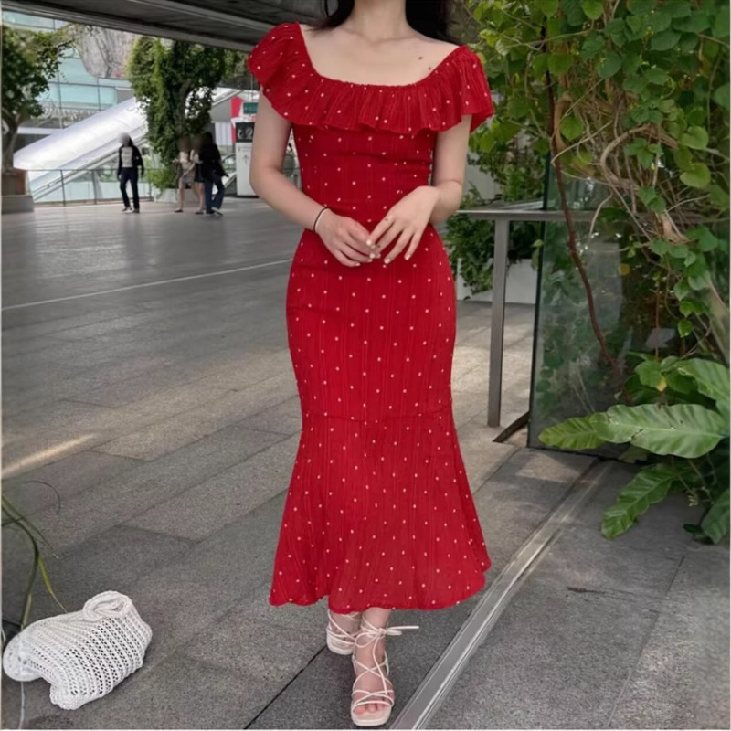 Korean Chic Summer Age-Reducing Retro Niche Design Elegant Sweet Square Collar Lunch Break Polka Dot Dress for Women