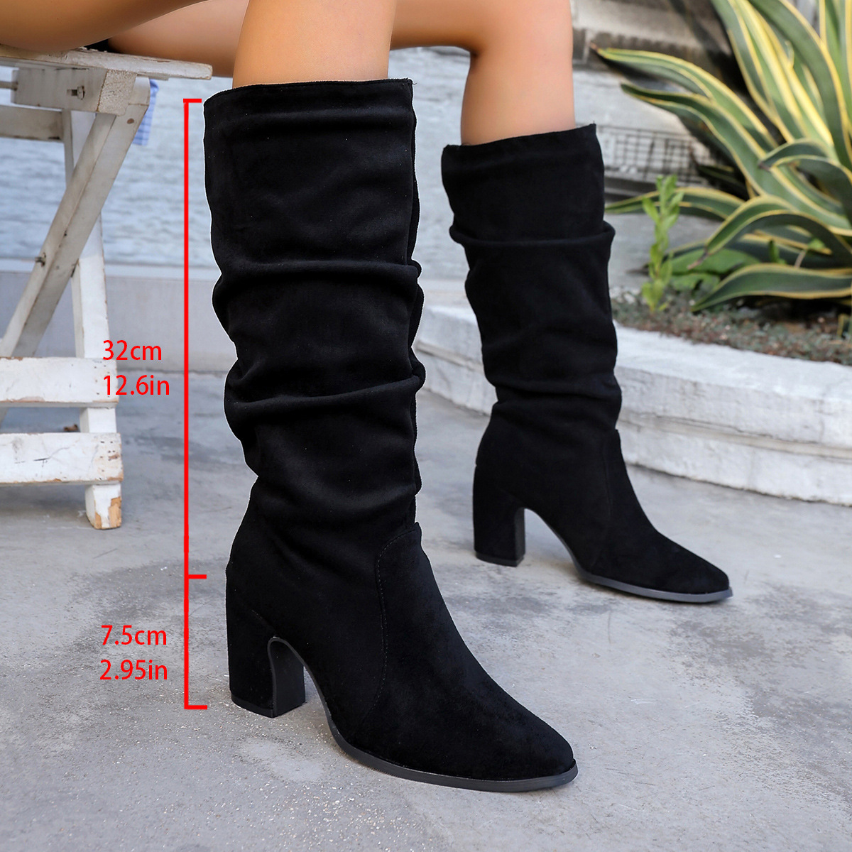 Women's Pointed Toe High Heeled Slouch Boots Fleece Lined Winter_voghion.com