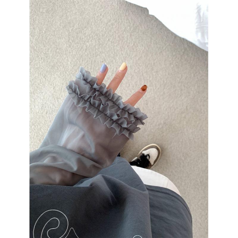 New Arrival Yarn Sleeve Letter Printed T-Shirt Women's Summer Design Sense Mesh Stitching Fake Two-piece Top Long Sleeve Sunscreen Shirt New Arrival Yarn Sleeve Letter Printed T-Shirt Women's Summer Design Sense Mesh Stitching Fake Two-piece Top Long Sleeve Sunscreen Shirt