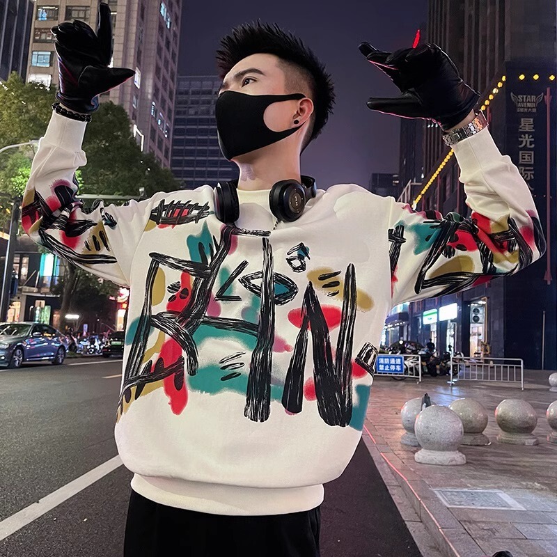 China Cotton High-end Graffiti Sweatshirt Men's Instagram Popular Brand T-shirt Spring and Autumn New Long Sleeve Spring Pullover Round Neck Men's