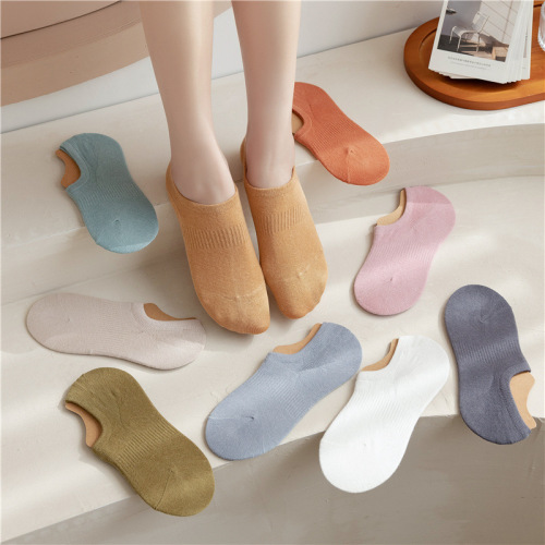 Women's Non-Slip Invisible Socks with Anti-Slip and Non-Slip Design, Spring and Summer Plain Cotton Low Cut Ankle Socks for Girls, Fashion Ins Style
