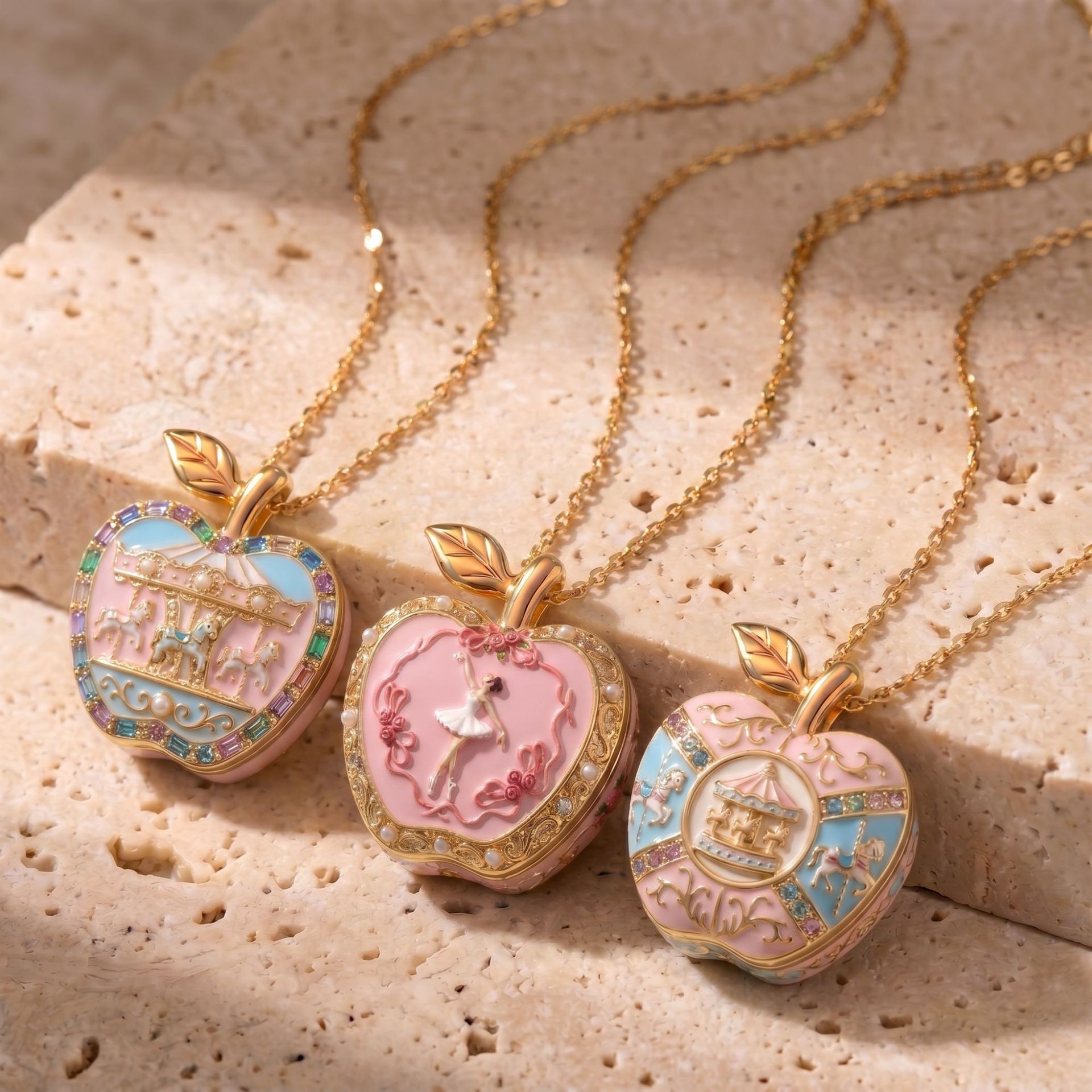 Pink Gold Apple Opening and Closing Photo Box Jewelry, Cute Ballet Style for Girls, Niche Gift, Trendy Necklace