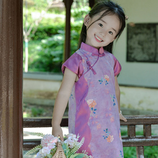 Girls Raglan Wave Short Sleeve Cheongsam Dress 2024 Summer Chinese Style Dress Han Dynasty Chinese Style Improved Cheongsam