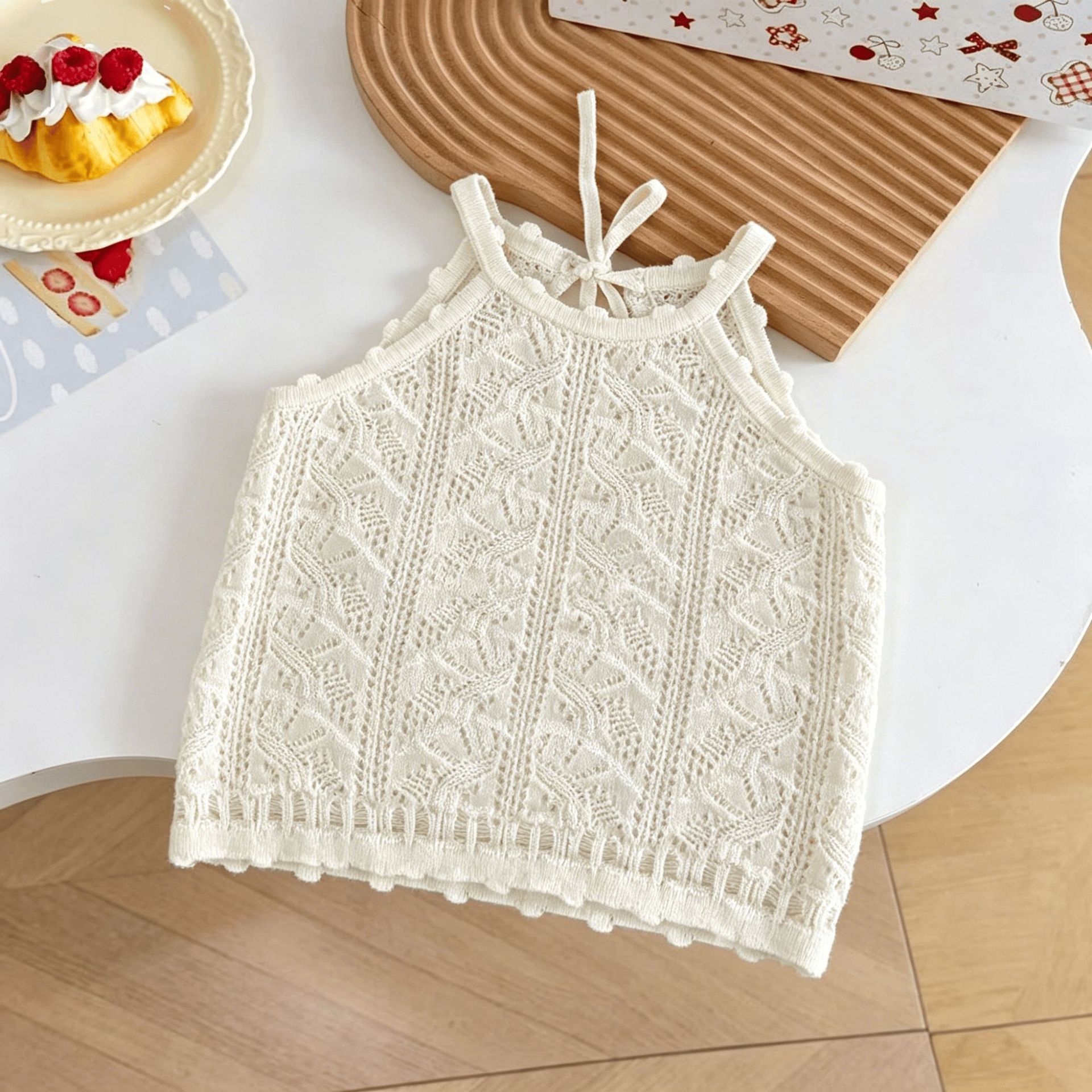 New summer knitted vest for girls, versatile raglan strap, open back, sleeveless baby tank top