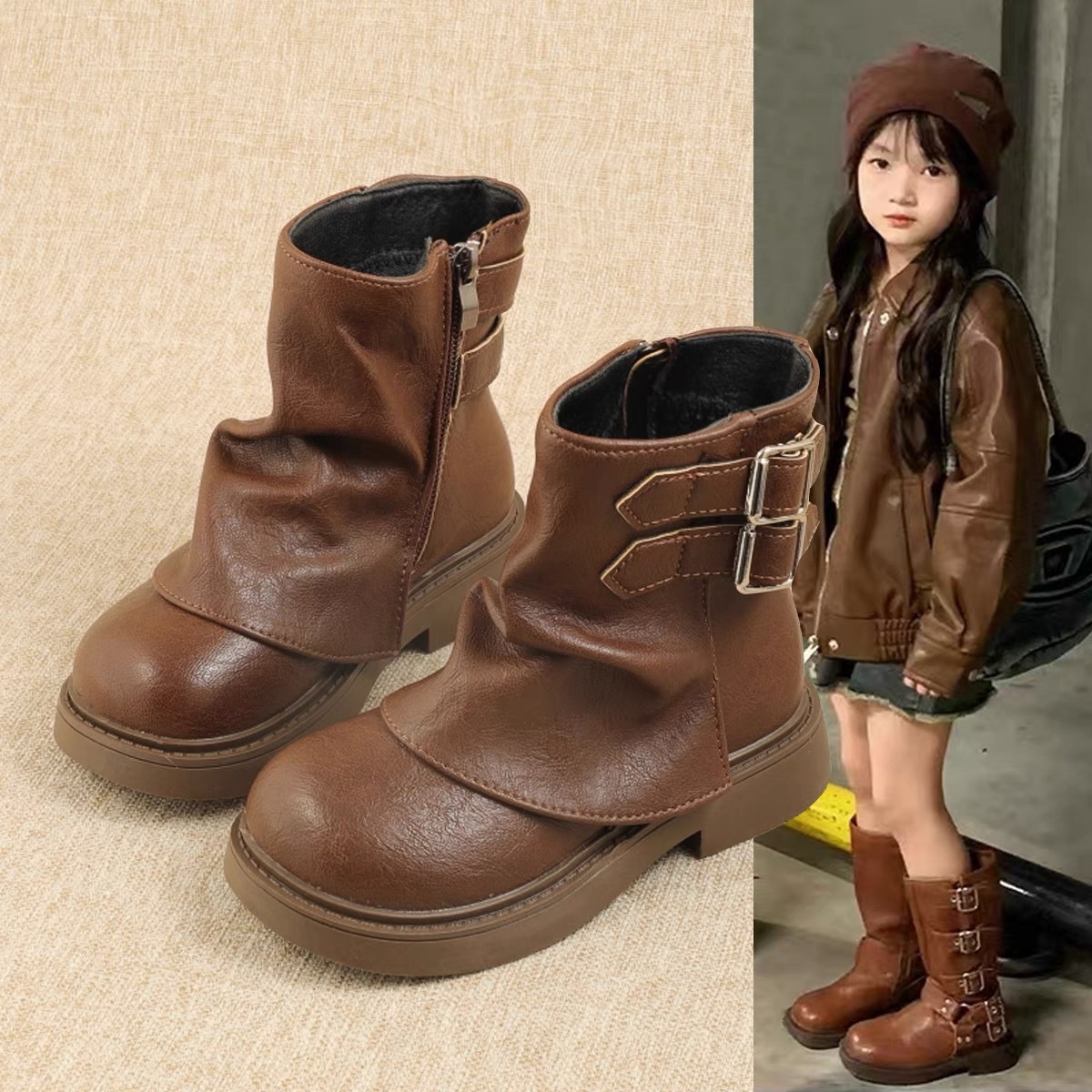 Girls' Boots British Style Short Boots for Older Children Princess Knight Boots 2026 Autumn and Winter New Style Fleece-Lined Warm Martin Boots