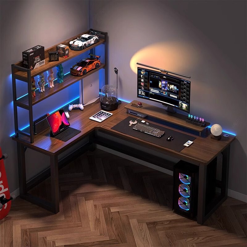 R^Computer Desk Desktop E-Sports Table Home Bedroom L-Shaped Corner Table Study Table Corner Desk Bookshelf Integrated