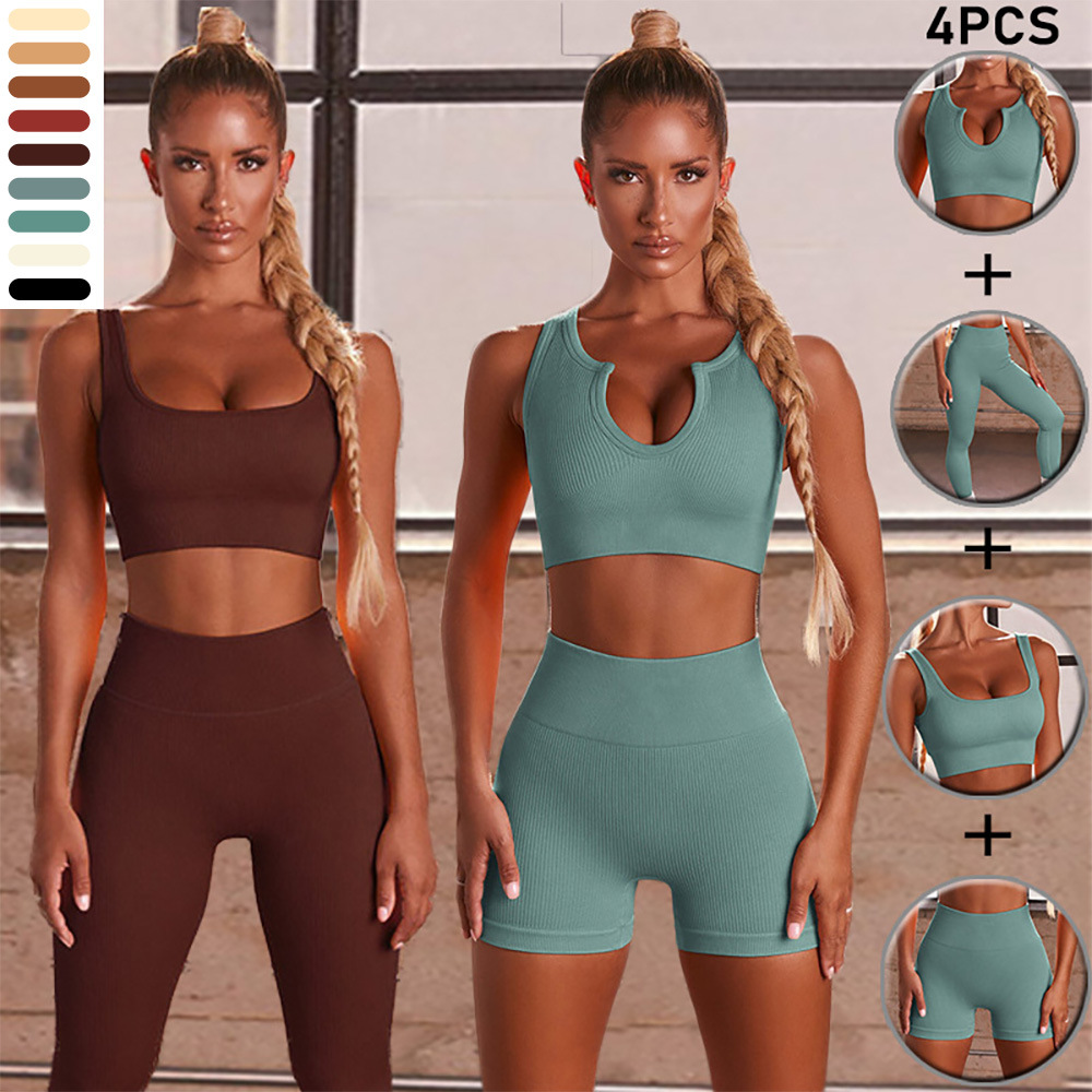 Conjunto deportivo de punto sin costuras para mujer, con top deportivo a rayas, pantalones cortos para correr, conjunto de fitness de manga larga