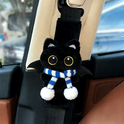 Sürətlər qutusu və əl tormozu başlıqları, Cover Car Safety Belt Handle - bat-little-black-cat-blue-and-white-scarf