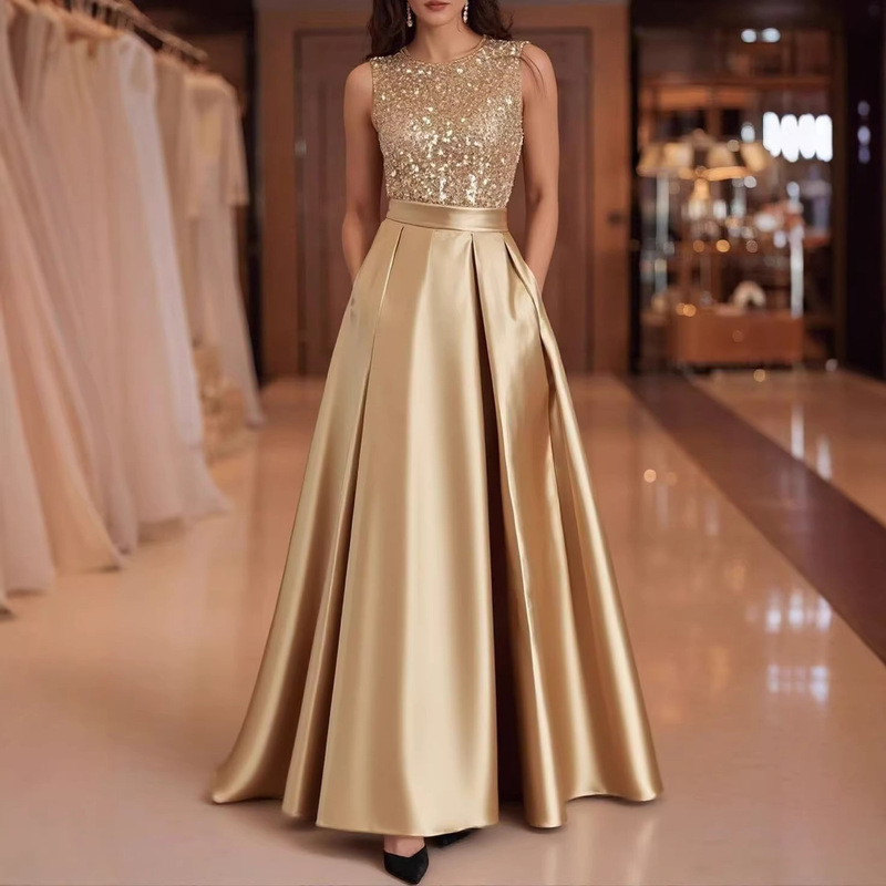 New European and American style banquet host evening dress, long ball gown, simple and elegant dress, sleeveless dress for spring and summer New European and American style banquet host evening dress, long ball gown, simple and elegant dress, sleeveless dress for spring and summer
