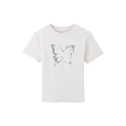 Butterfly Print Regular Shoulder Short Sleeve T-Shirt for Women 2025 Summer Fitting Slimming Short Length Round Neck Top for Women