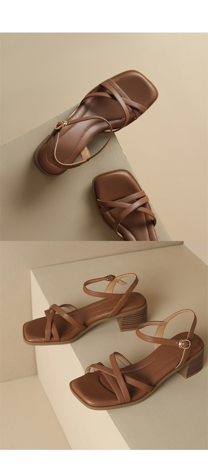 Sandal quai ngang gót vuông hở mũi da bò lớp đầu phong cách La Mã — Màu nâu chi tiết 17