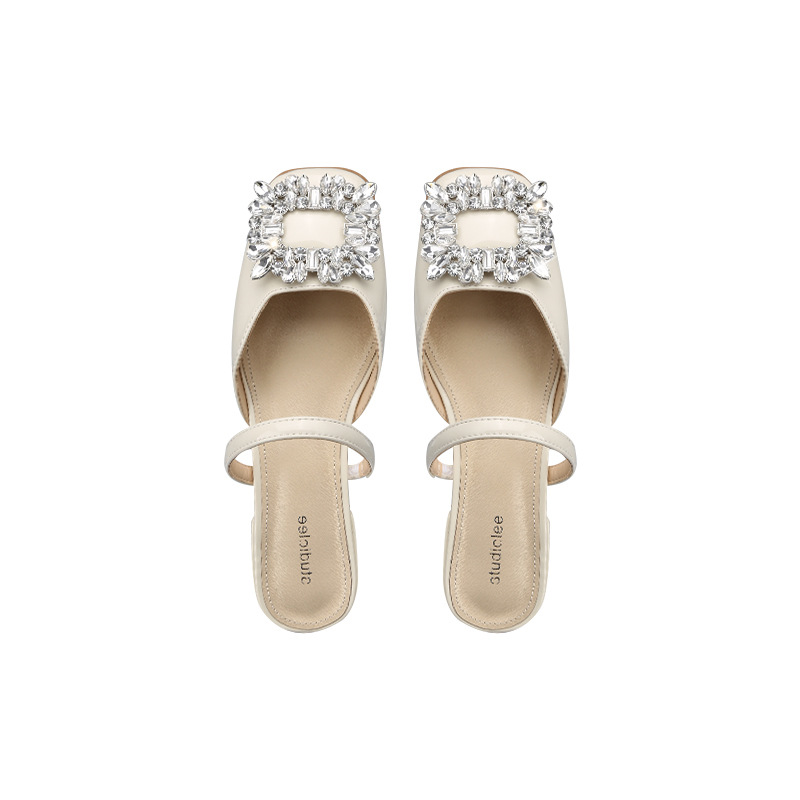 2022 verano nuevo rhinestone hebilla cuadrada boca baja punta cerrada talón grueso medio zapatillas desgaste exterior de las mujeres sandalias vacías