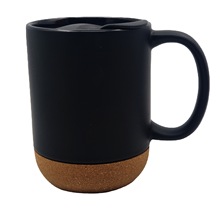 啞光黑色15oz軟木底陶瓷馬克杯隔熱靜音帶蓋大手柄16盎司咖啡杯