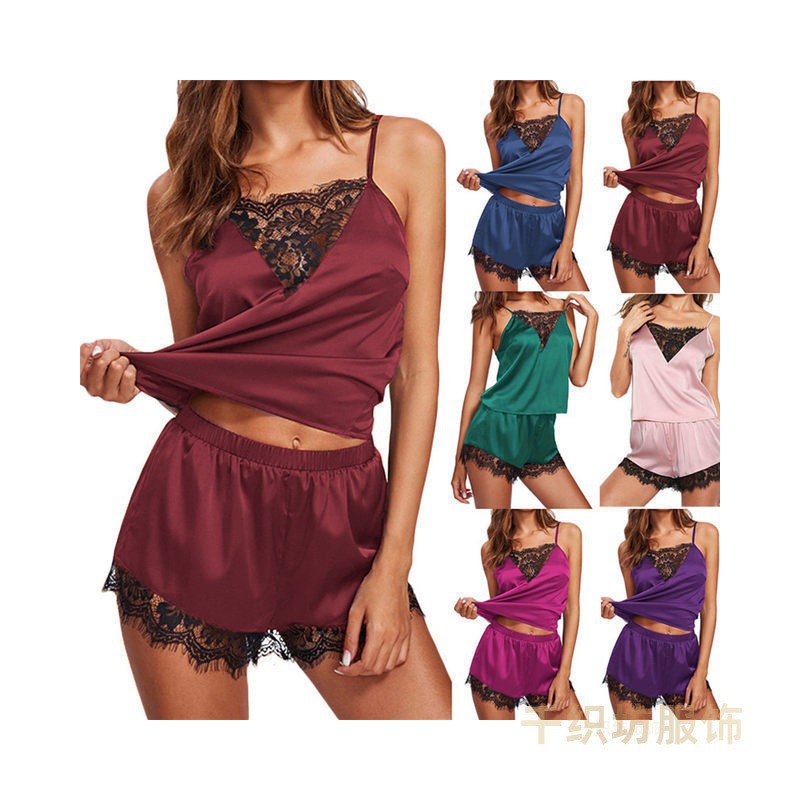 亚马逊 欧美家居服 新款2023时尚舒适蕾丝花边睡衣套装 现货女装