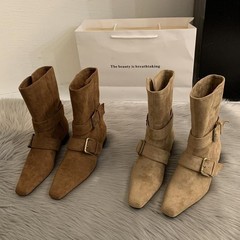 MuXuan~ 两穿方头粗跟短靴女小众设计感翻折中筒靴法式复古西部靴