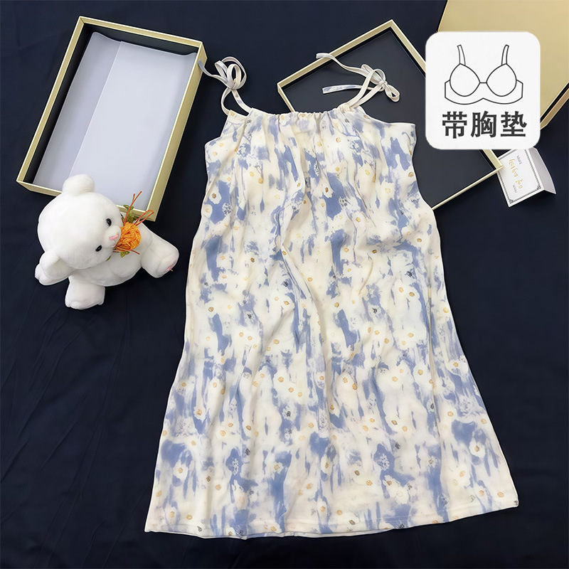 Camisón de verano caliente al por mayor transfronterizo, falda de tirantes para mujer, pijamas, chica dulce, casual, ropa de hogar de algodón de nube