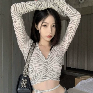 2026性感春秋交叉v领斑马纹修身T恤女辣妹别致绑带短款长袖上衣女