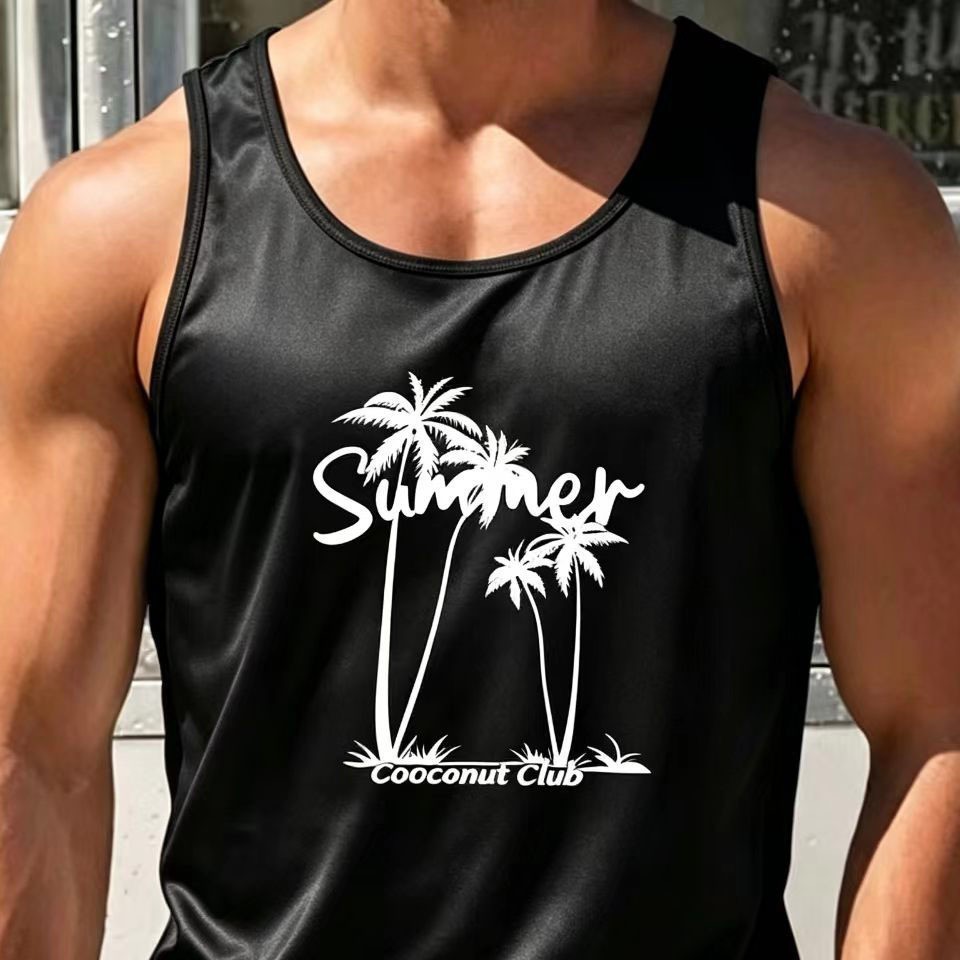 Summer Beach Vacation Men's Quick-Dry Vest with Coconut Tree and Coconut Letter Print, Loose Fit Sports Sleeveless T-Shirt