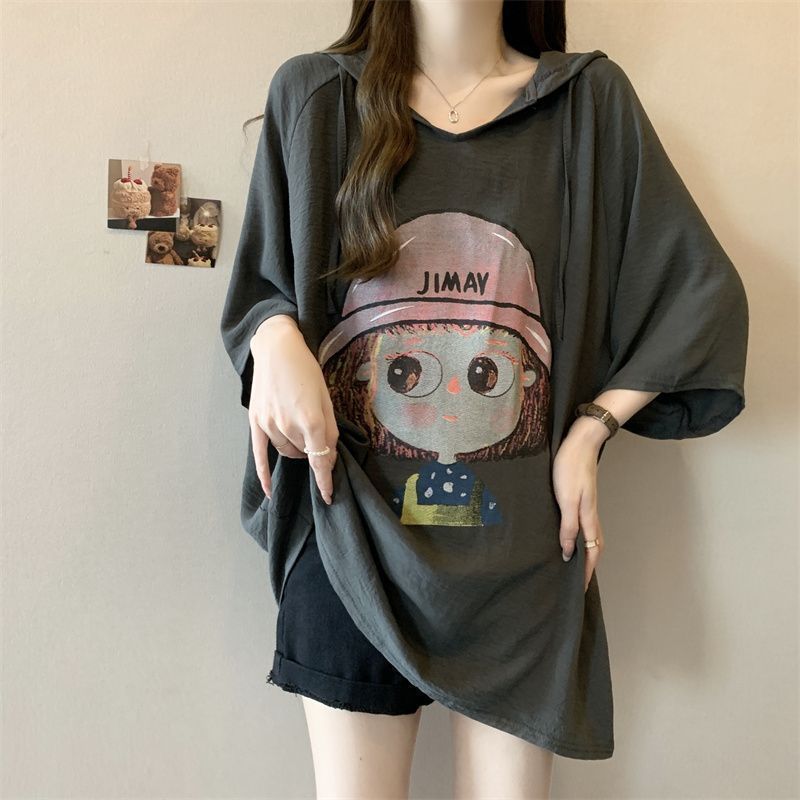 Camiseta de manga corta con capucha y estampado de dibujos animados para mujer de talla grande verano 2024 nuevo estilo suelto delgado mm top mujer