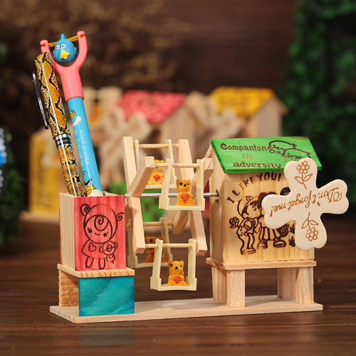 Colorful windmill music box pen holder pastoral scenery rotating windmill gift travel wooden ornaments student pen holder