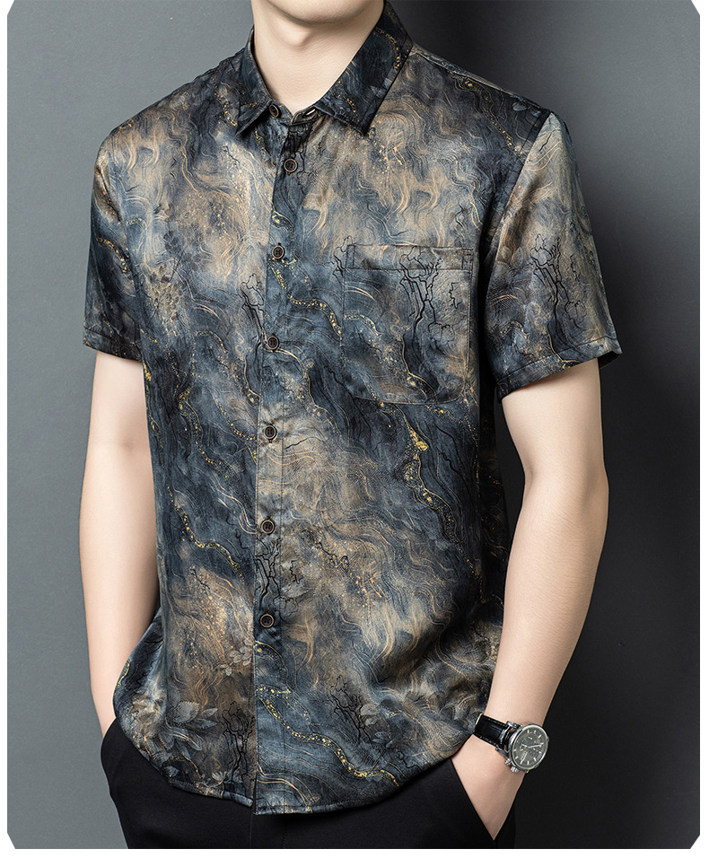 Áo sơ mi nam ngắn tay lụa Mulberry Silk rộng rãi mùa hè — Xám 26625 chi tiết 8