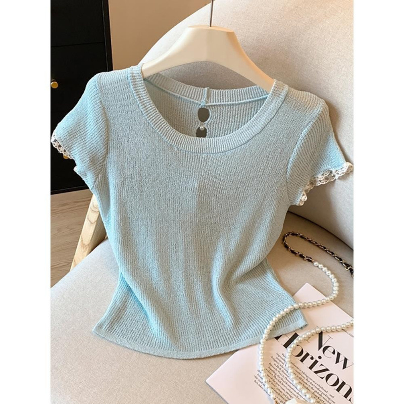 Super Stylish French-Style Knit Short-Sleeve Women's Thin Top with Hollow Back Design, Versatile and Fashionable Women's Top H6-94
