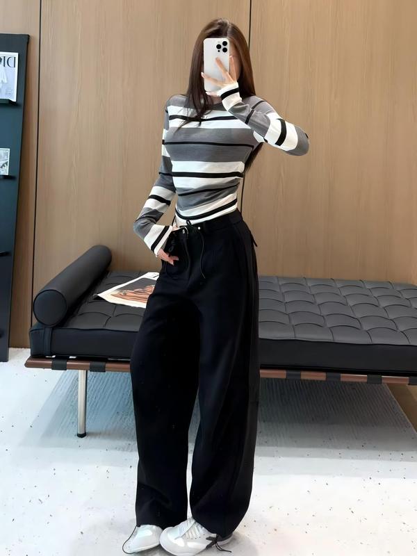时尚百搭休闲裤抽绳设计显瘦遮肉阔腿裤南油女秋季垂感束脚直筒裤|undefined