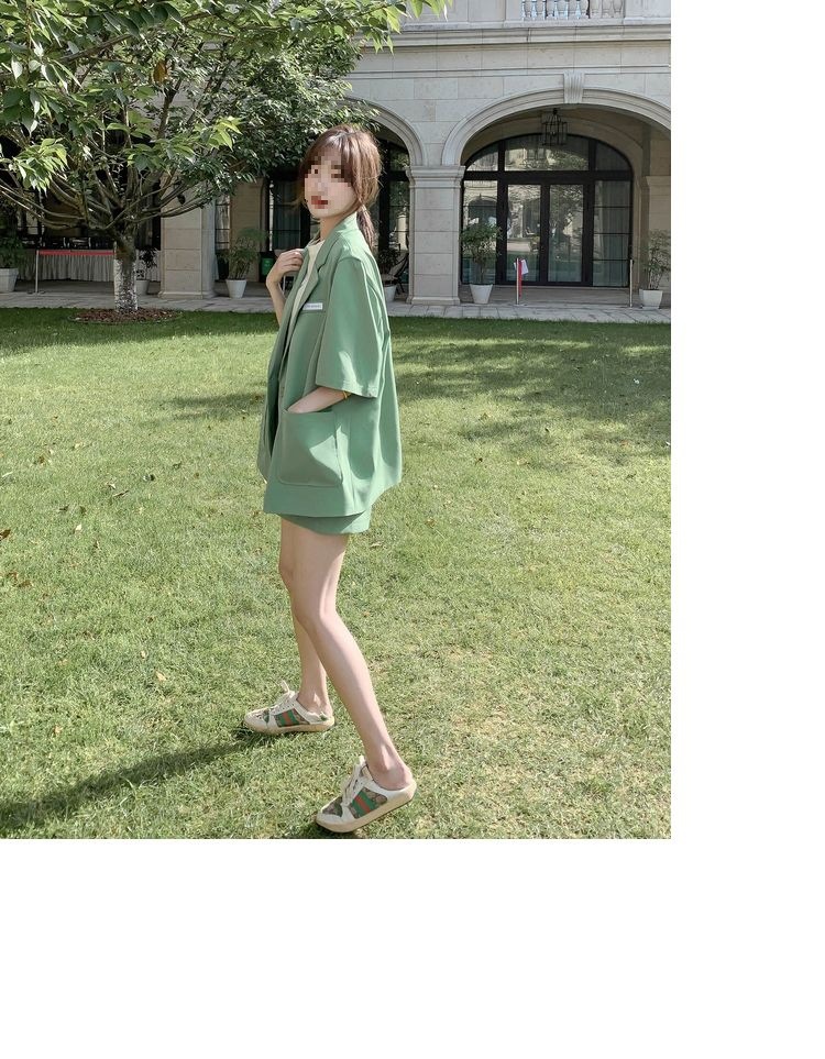 Bộ blazer nữ tay ngắn kèm quần short Hàn Quốc mỏng nhẹ mùa hè — Màu đen [Vải], Cỏ xanh [Vải], Gạo trắng [Vải], Màu hồng [Vải] chi tiết 7