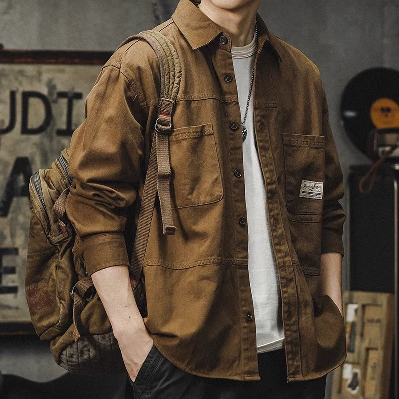 Американский каро рубашка мужской 2024 весна и осень новый свободный тонкий пиджак японский ретро повседневная рубашка с длинными рукавами