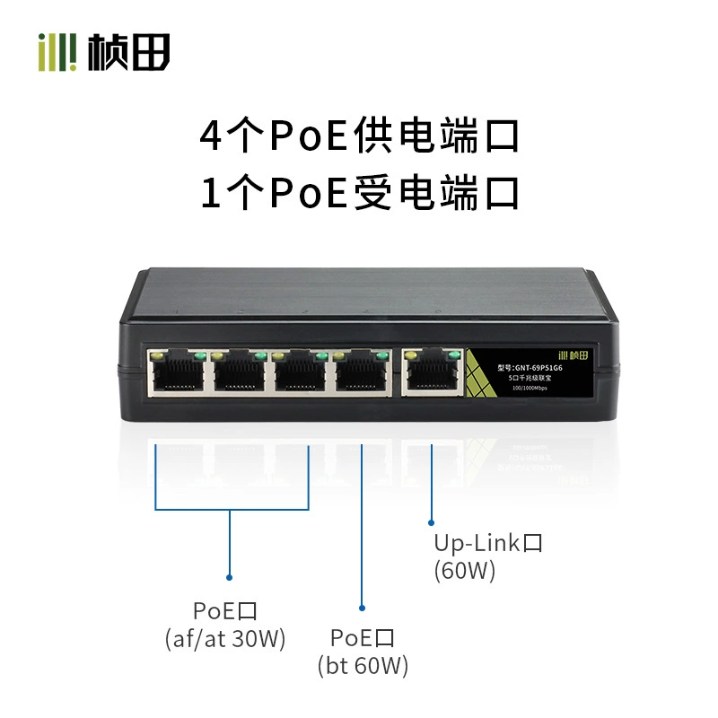 Коммутатор GNT-69P51G6 5-портовый полный Gigabit пассивный каскадный PoE, проводной высокоскоростной для HD