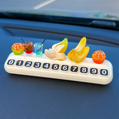 Parking Plate New Car | Nömrəli dayanma kartı - half-peeled-banana-banana-2-small-oranges-2-cups-of-drinks-stop-sign