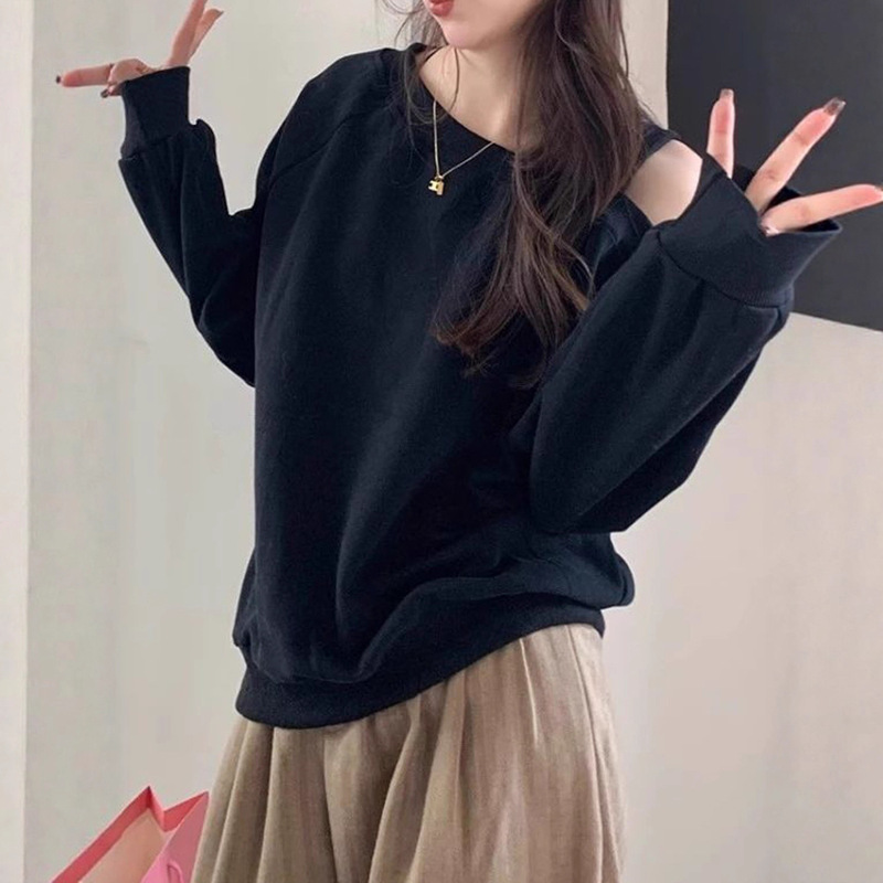 慵懒风灰色斜领露肩长袖卫衣女春秋宽松显瘦休闲百搭套头无帽上衣|undefined