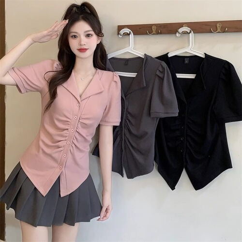 Large size French short-sleeved shirt, women's summer new style, shoulder-shouldered T-shirt, fat and skin-covering pink top, jin