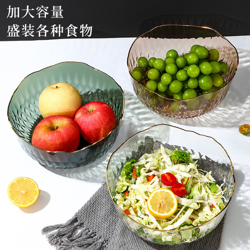 Popular Japanese hammer pattern gold rimmed salad bowl wholesale Nordic style ins transparent plastic tableware dessert bowl fruit plate 
