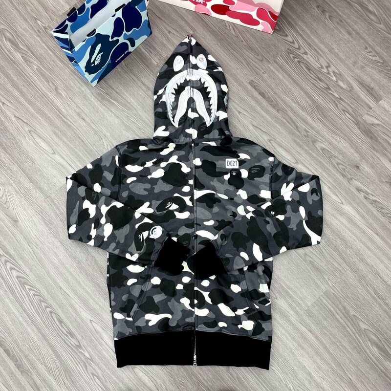 Couple's trendy PE camouflage shark head unisex American retro loose-fitting hooded zip-up sweatshirt casual jacket