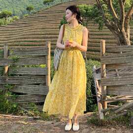 26夏季文艺复古花边领黄色碎花苎麻无袖连衣裙法式背心长裙146
