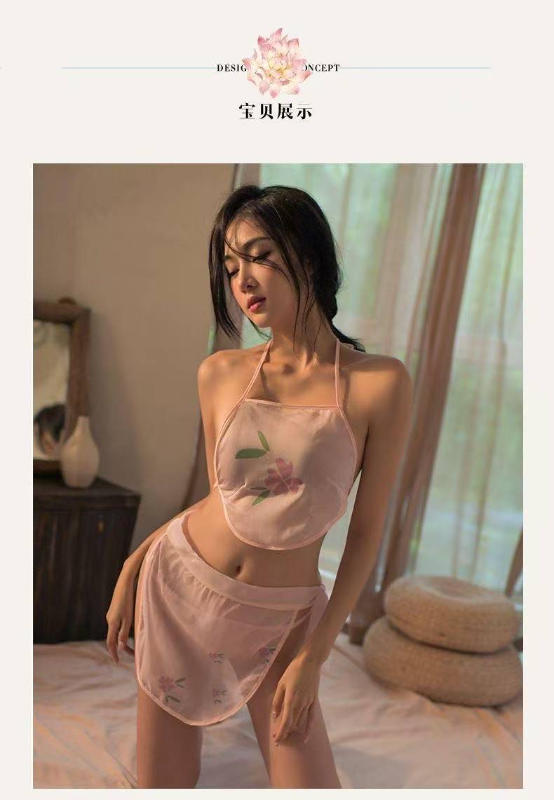 Classical Hanfu-Style Bellyband Lingerie Set, Sheer Pink Polyester, One Size — detail image 12