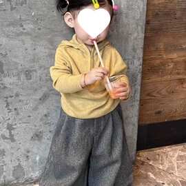 2026韩版女童秋季新款甜美黄色连帽针织卫衣外套女宝宝灰色阔腿裤